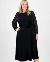Connected Plus Shirred-Waist Sheer-Sleeve Midi Dress
