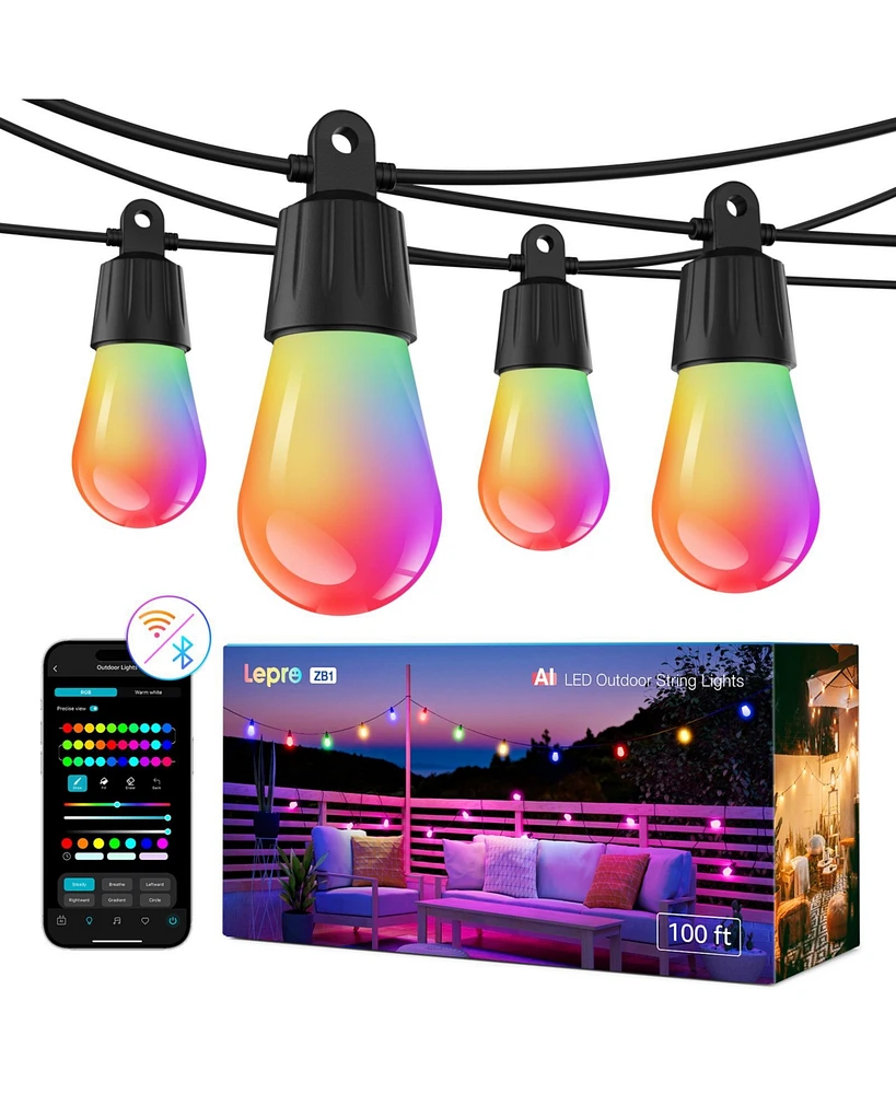 Lepro ZB1 Ai Smart Outdoor String Lights App Control,100(88+12)ft Rgb+Ic+Warm White Outdoor Lights 15 Led Bulbs, Alexa Google Enabled, No Remote