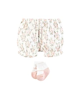 Hudson Baby Girls Bodysuit, Short and Sock, Pink Sage Floral