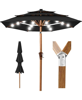 Best Choice Products Woodgrain Pattern 10ft 3-Tier Solar Patio Umbrella w/ 24 Led Lights