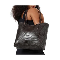 Women's Black Textured Leather Tote Bag Set