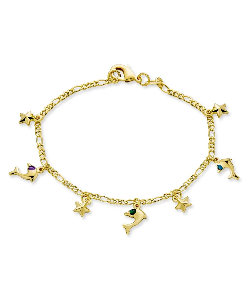 Bling Jewelry Tropical Vacation Honeymoon Jewelry Nautical Stars & Dolphin Charm Anklet Rolo Chain Ankle Bracelets 18K Gold Plated 10 Inch