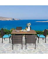 Gymax 7PCS Patio Dining Furniture Set Yard w/ Wooden Tabletop Turquoise Cushions