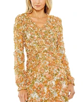 Mac Duggal Women's Long Sleeve Low Back Floral V Neck Ruffle Dress