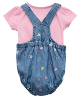 Guess Baby Girls 2-Piece Short Sleeve Bodysuit and Embroidered Overall Set