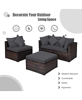 Gymax 4PCS Rattan Patio Conversation Furniture Set Yard Outdoor w/ Grey Cushion