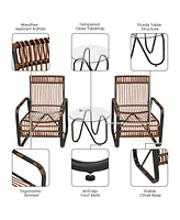 Gymax 3PCS Rattan Patio Conversation Set Bistro Furniture Set w/ Glass Table