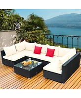 Gymax 7PCS Rattan Patio Conversation Sectional Furniture Set w/ Cushion Pillow