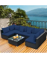 Gymax 7PCS Rattan Patio Conversation Set Sectional Furniture Set w/ Navy Cushion