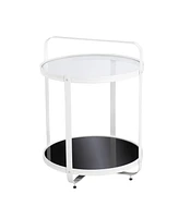27" White Glass And Iron Round End Table With Shelf