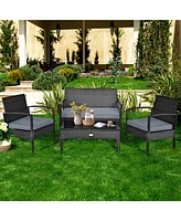Gymax 8PCS Patio Wicker Rattan Conversation Set Outdoor Furniture Set w/ Cushion