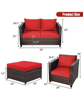Gymax 5PCS Outdoor Patio Rattan Conversation Sofa Furniture Set w/ Red Cushions