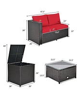 Gymax 8PCS Cushioned Rattan Patio Conversation Set w/ Side Table Red Cushion