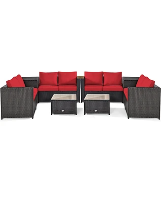 Gymax 8PCS Cushioned Rattan Patio Conversation Set w/ Side Table Red Cushion