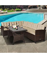 Gymax 3PCS Rattan Dining Sofa Set w/6 Cushioned Seats Patio Furniture