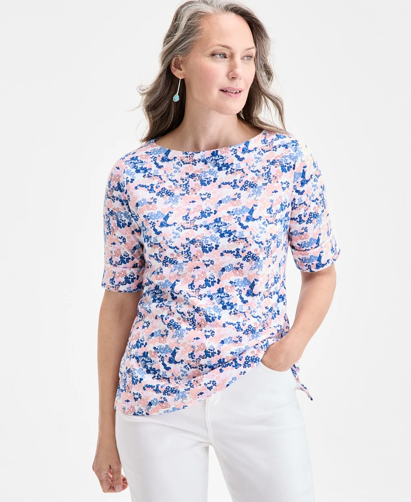 Style & Co Petite Printed Cuffed-Sleeve Top, Exclusively at Macy's
