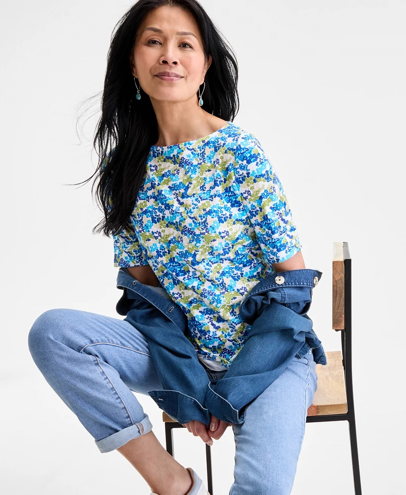 Style & Co Women's Printed Boat-Neck Elbow-Sleeve Top, Exclusively at Macy's