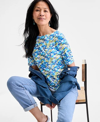 Style & Co Women's Printed Boat-Neck Elbow-Sleeve Top, Exclusively at Macy's