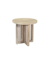 22-Inch Round End Table Natural Solid Wood Top with Rattan Base for Farmhouse Decor