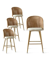 Set of 4 Rattan Back Bar Stools, 29" Beige Upholstered Bar Height Chairs with Woven Cane Back-Maison Boucle