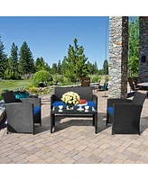 Gymax 8PCS Rattan Outdoor Conversation Set Patio Furniture Set w/ Navy Cushions