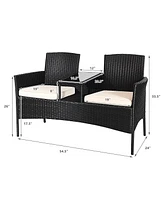 Gymax Cushioned Rattan Wicker Patio Conversation Set w/ Table Steel Frame