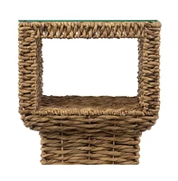 Square End Table with Glass Top and Rattan Wicker Base for Indoor Use