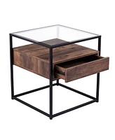 22" Black Glass And Iron Square End Table With Drawer With Shelf