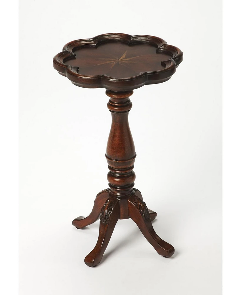 20" Dark Brown And Cherry Wood Floral Top End Table