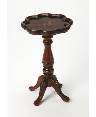 20" Dark Brown And Cherry Wood Floral Top End Table