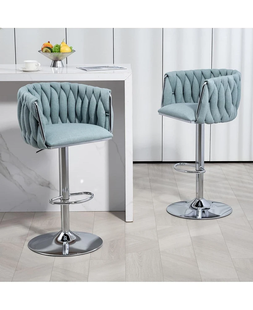 Set of 2 Adjustable Swivel Bar Stools with Woven Fabric Back and Footrest Modern Upholstered Counter Height Chairs for Kitchen Island or Area-The