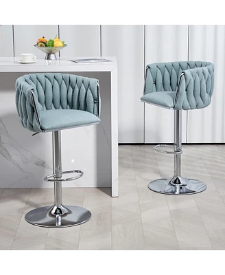 Set of 2 Adjustable Swivel Bar Stools with Woven Fabric Back and Footrest Modern Upholstered Counter Height Chairs for Kitchen Island or Area-The