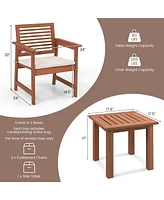 3 Pcs Patio Furniture Set with 2 Seat Cushions Coffee Table Solid Wood Chairs