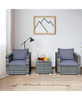 3 Pcs Patio Rattan Furniture Bistro Set Cushioned Sofa Chair Glass Table Garden