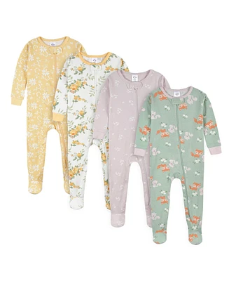 Gerber Toddler Girls 4-Pack Snug Fit Footed Cotton Pajamas, Roses & Fox, 5T