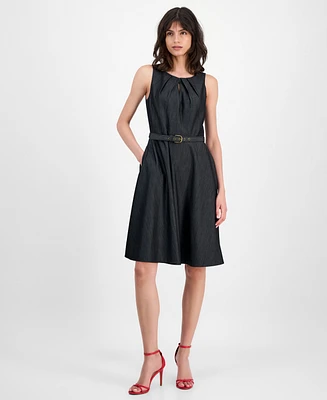 Tahari Asl Women's Belted Denim Sleeveless Fit & Flare Dress