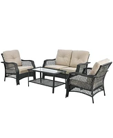 Gymax 4PCS Cushioned Patio Conversation Set Outdoor Rattan Furniture Set