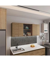 Oceana 150 Wall Cabinet with Four Doors, Two Internal Shelves, Internal Plate and Glass Organizer, Two Storage Shelves with Two Glass Doors, Natural O