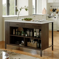 Kitchen island with 2 drawers, iron feet, island storage table with dining table, coffee station and microwave rack for home, dining room, marble and