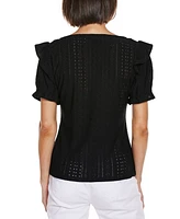 Belldini Women's Knit Eyelet Ruffle Sleeve Top