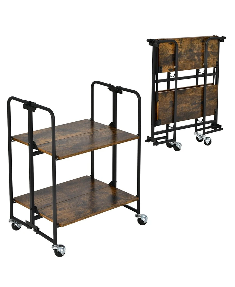 Folding Kitchen Utility Serving Island Cart with Storage Shelves