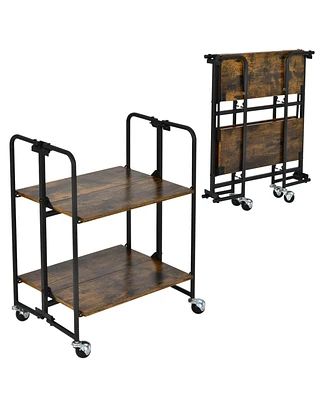 Folding Kitchen Utility Serving Island Cart with Storage Shelves