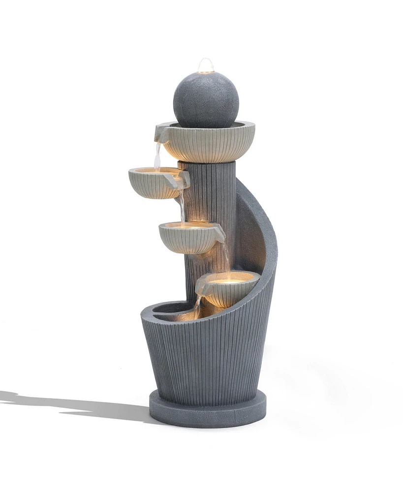 LuxenHome Gray Resin Spiral Sculpture with Bubbler 5-Tier Outdoor Fountain with Lights