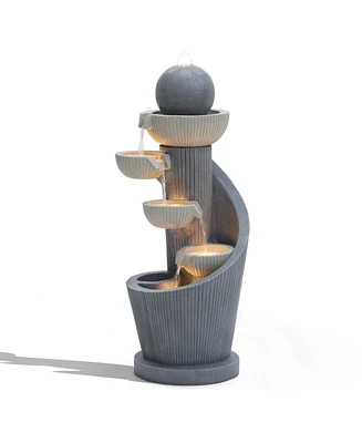 LuxenHome Gray Resin Spiral Sculpture with Bubbler 5-Tier Outdoor Fountain with Lights