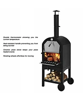 Rolling Outdoor Pizza Oven Wood Fire Pizza Maker With Pizza Peel Pizza Stone Waterproof Cover Wood Storage Shelf Ash Collection Drawer Thermometer Hea