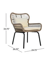 2-piece braided rope outdoor club lounge chair for patio lawn backyard with cushions beige