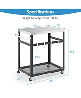 2-Tier Stainless Steel Grill Cart with 4 Hooks and Wheels Bbq Table