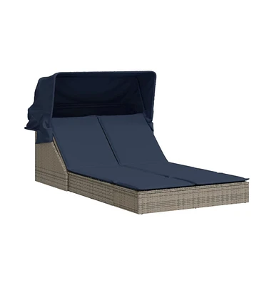 Double Sun Lounger with Canopy and Cushions Gray Poly Rattan