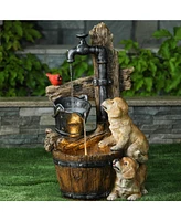LuxenHome Resin Puppies and Water Pump Outdoor Patio Fountain with Led Light