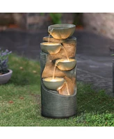 LuxenHome Modern Gray Resin Tiered Bowls Outdoor Fountain with Lights